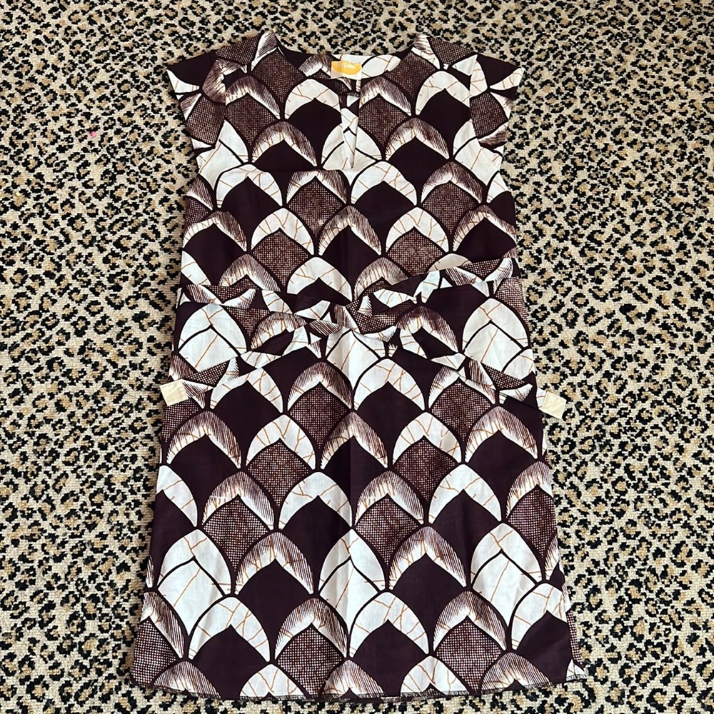 Gypset India Cotton Brown Print Shift Dress with Waist Belt Size Large